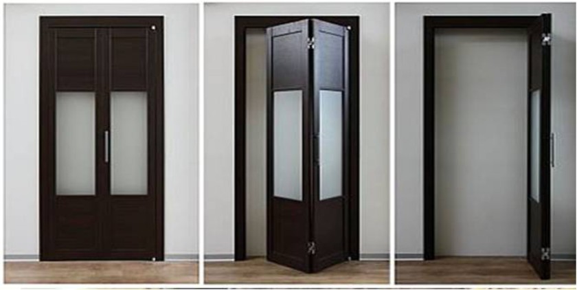 Шпонированные двери гармошка с матовыми стеклянными вставками Темиртау