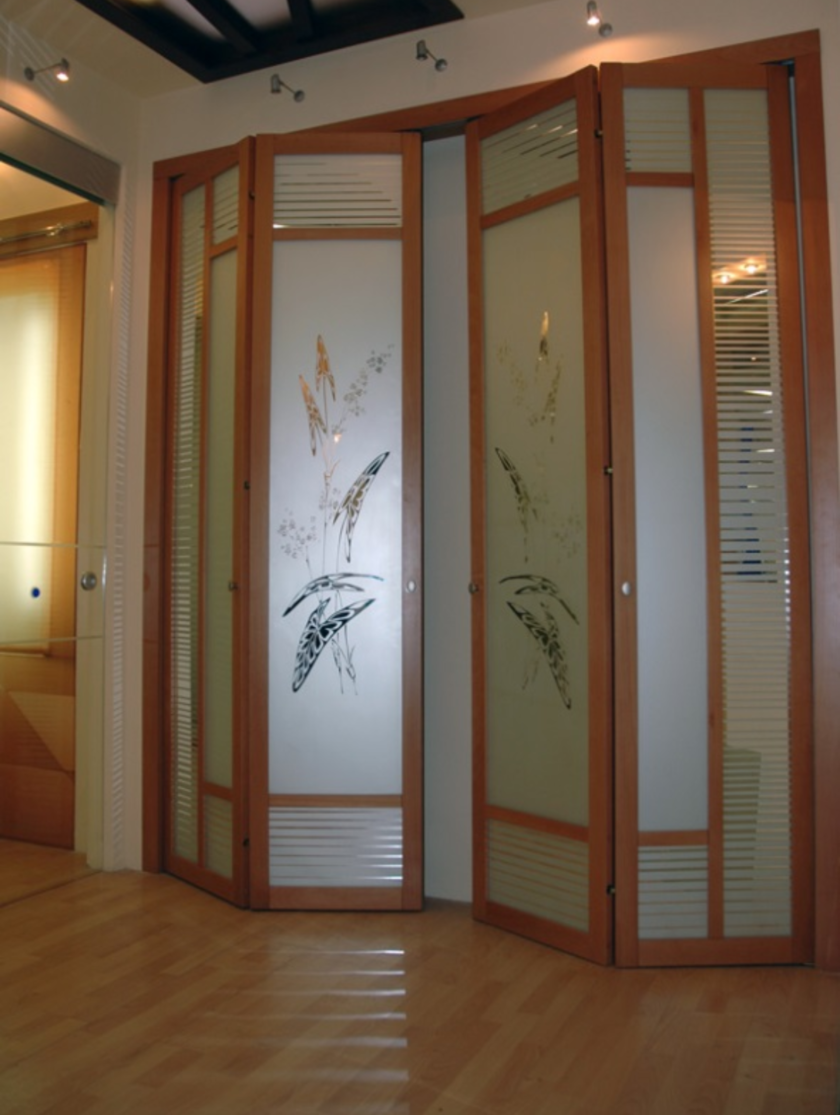 Широкие двери гармошка с матовым стеклом и рисунком Темиртау